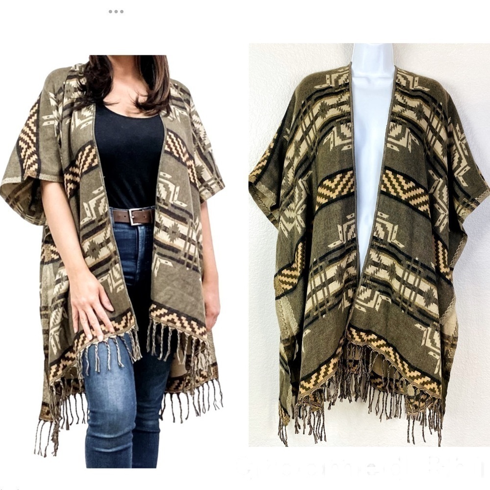 Classic Southwestern Aztec Poncho Wrap Sweater OS